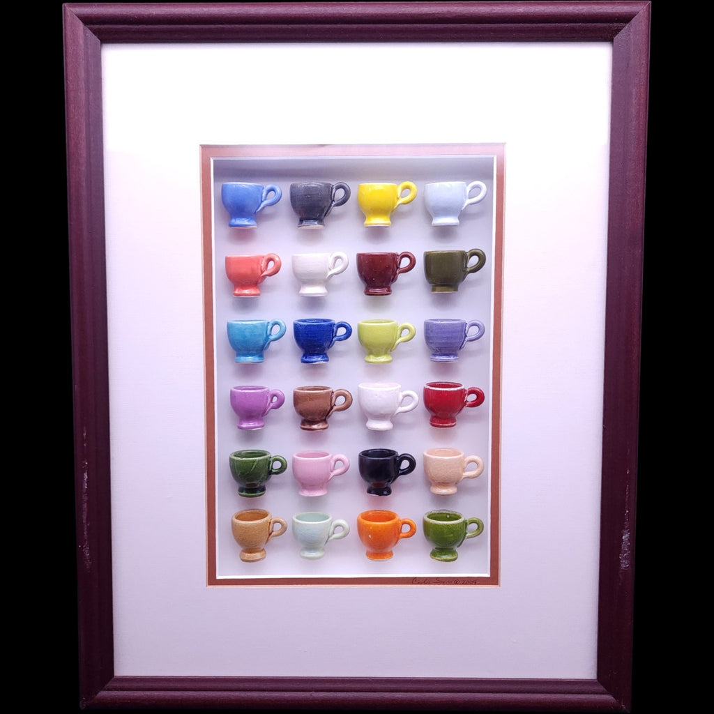 Carlos Silva Centuries Clayworks Framed Miniature Ceramic Teacup Shadow Box Art