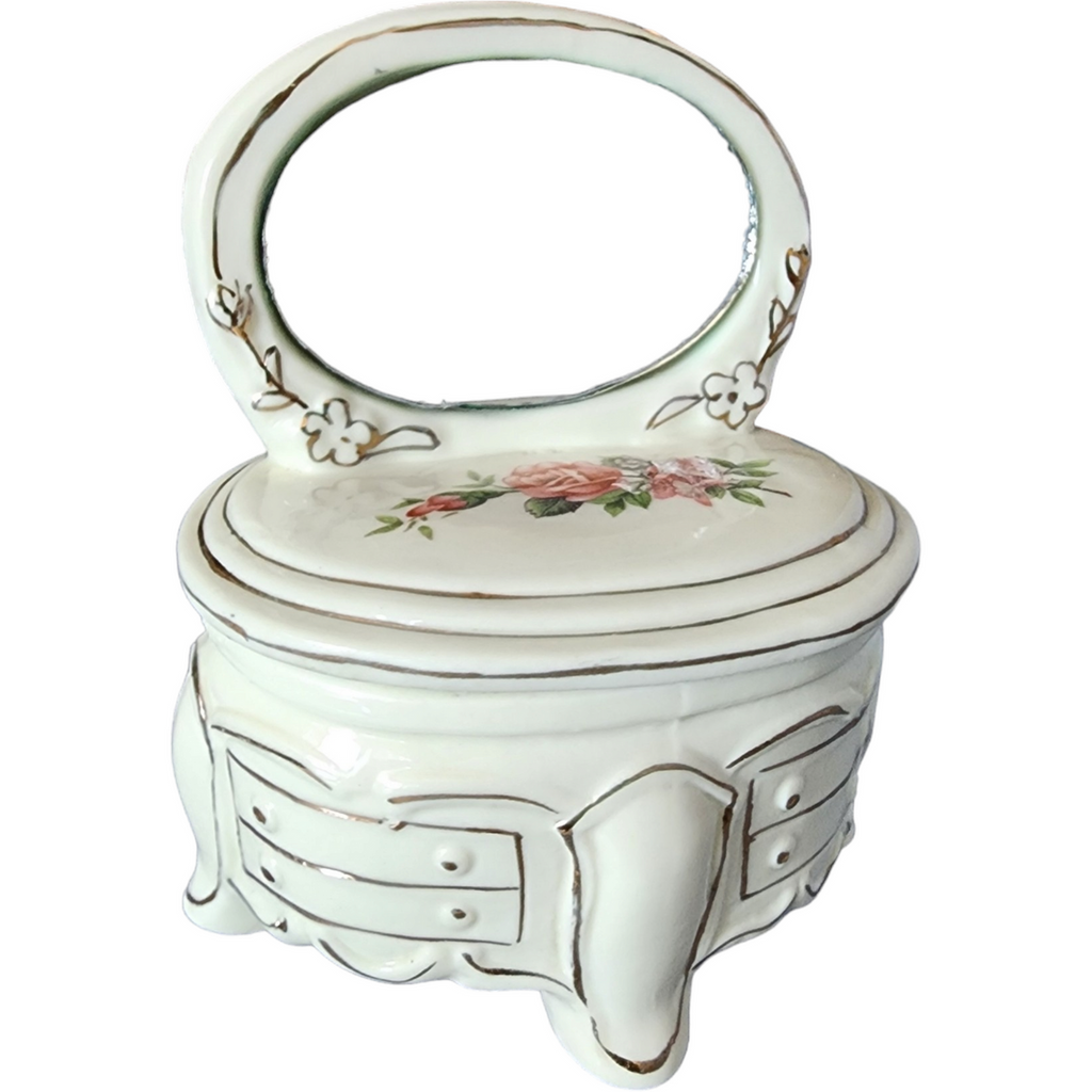 Ceramic Floral Dresser With Mirror Jewelry Ring Vanity Trinket Box