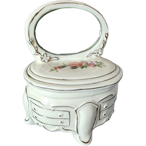 Ceramic Floral Dresser With Mirror Jewelry Ring Vanity Trinket Box
