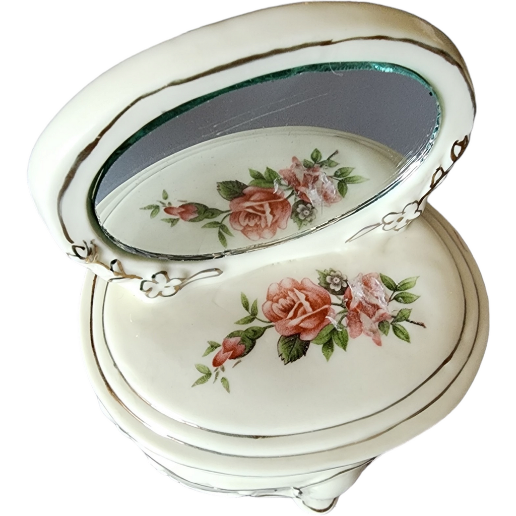 Ceramic Floral Dresser With Mirror Jewelry Ring Vanity Trinket Box