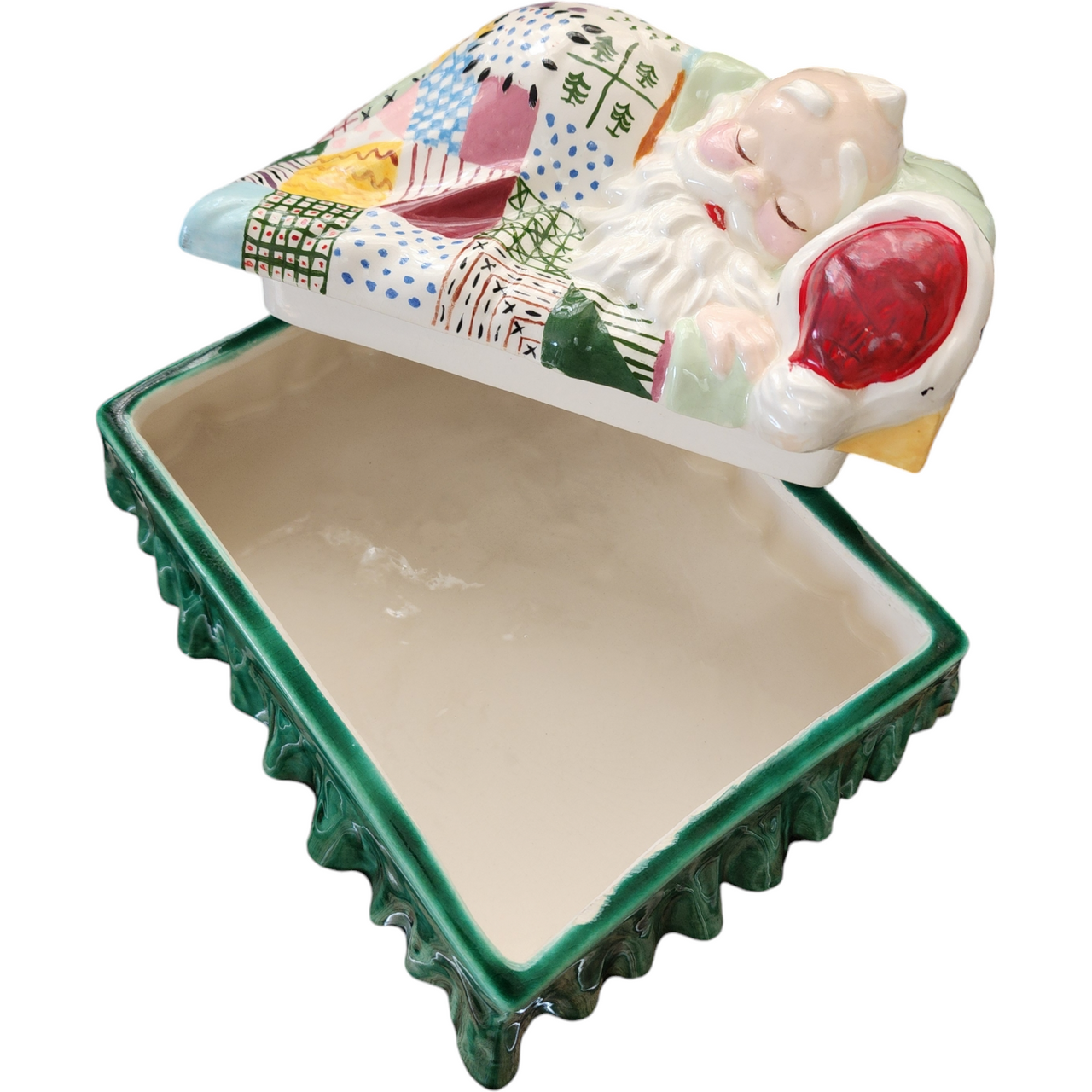Alberta Molds Ceramic Sleeping Santa with Patchwork Quilt Trinket Box orCookie Jar