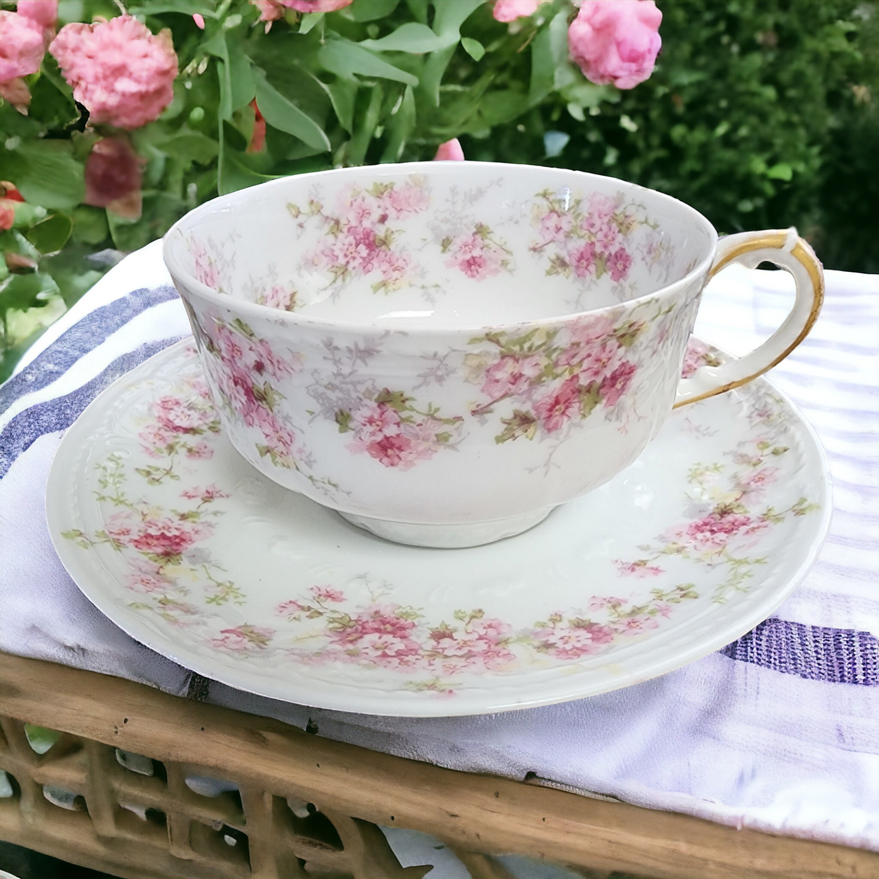 Charles Field Haviland Pink Flowers Green Leaves Limoges France Flat Cup & Saucer Set