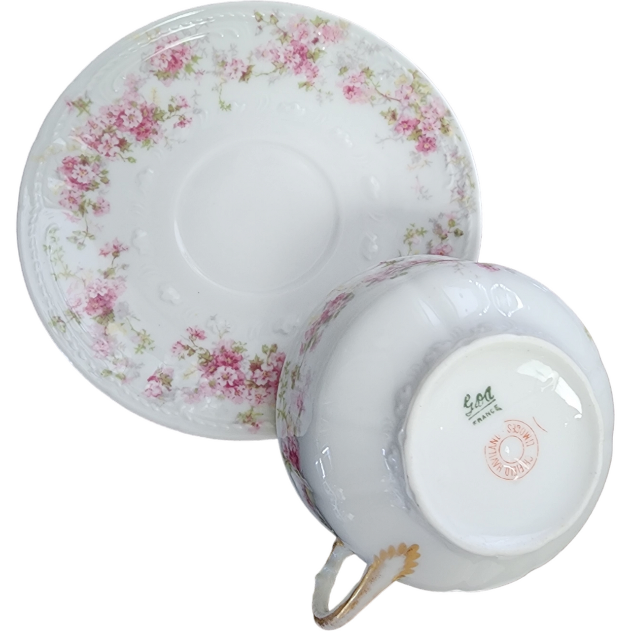 Charles Field Haviland Pink Flowers Green Leaves Limoges France Flat Cup & Saucer Set