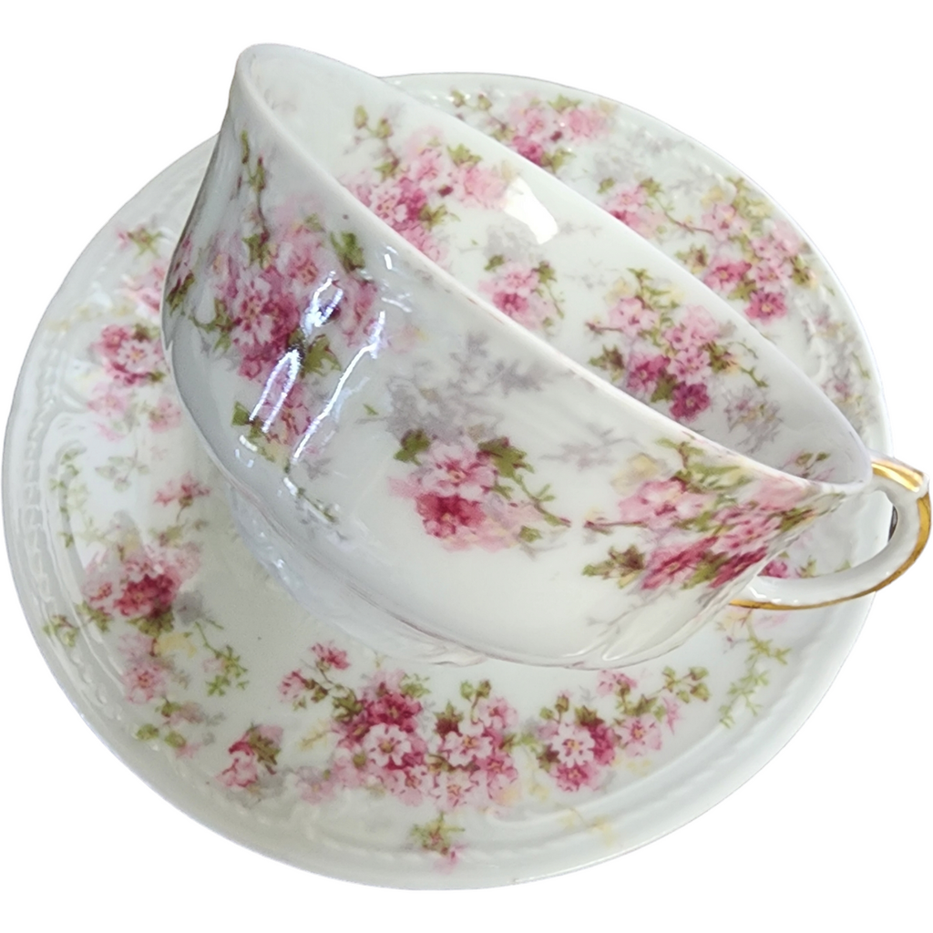 Charles Field Haviland Pink Flowers Green Leaves Limoges France Flat Cup & Saucer Set