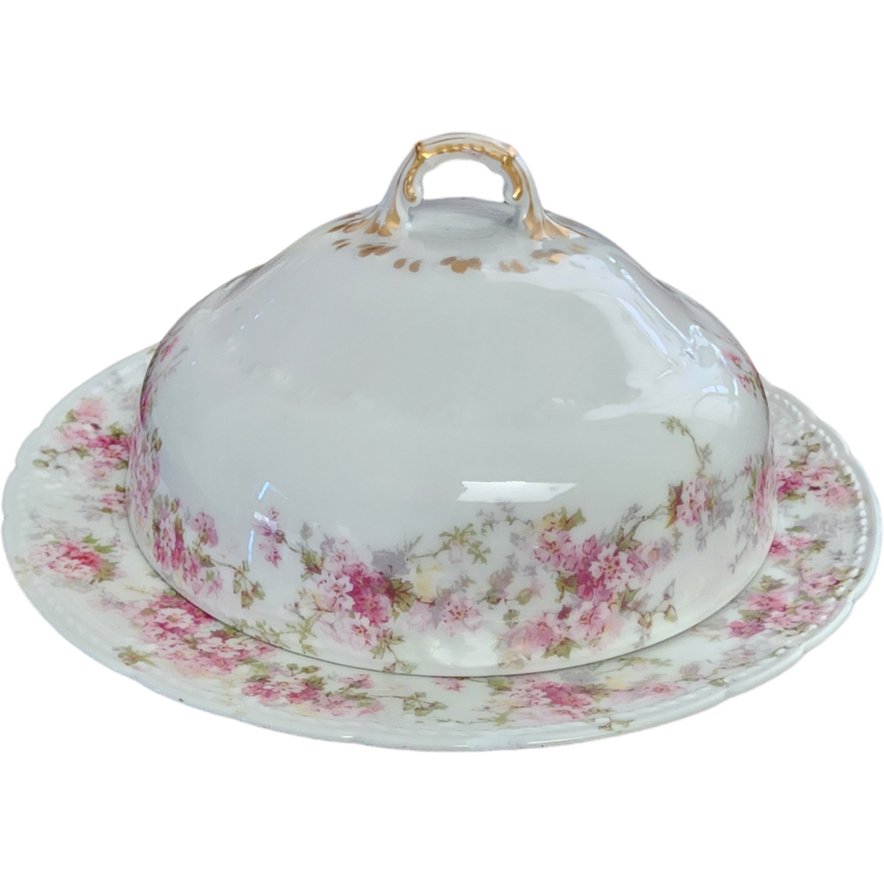 Charles Field Haviland Pink Flowers Green Leaves Limoges France Round Covered Butter