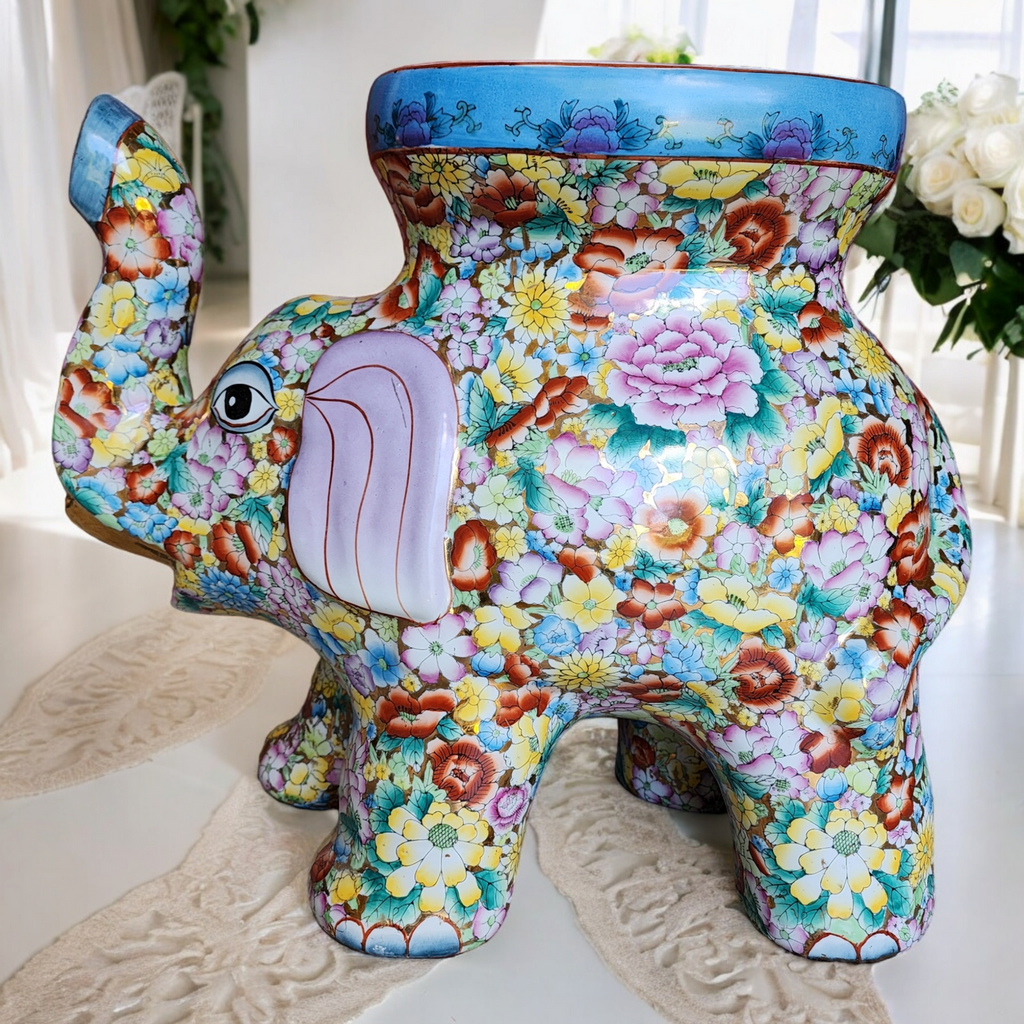 Chinese Export Qing Famille Rose Lucky Elephant Stool Planter