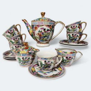 Chinese Hand Painted Chinese Scenery and Florals Tea Service for Six