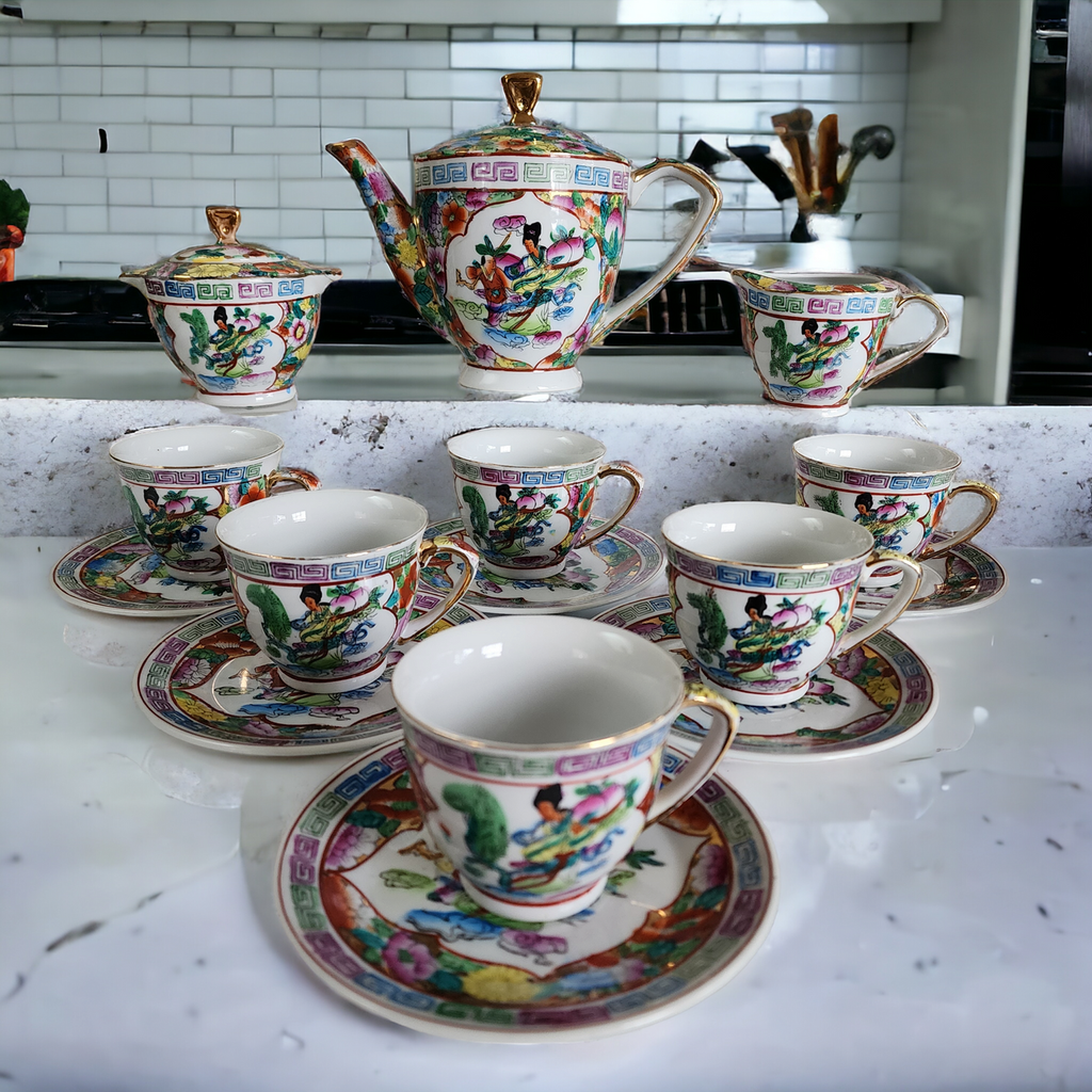 Chinese Hand Painted Chinese Scenery and Florals Tea Service for Six