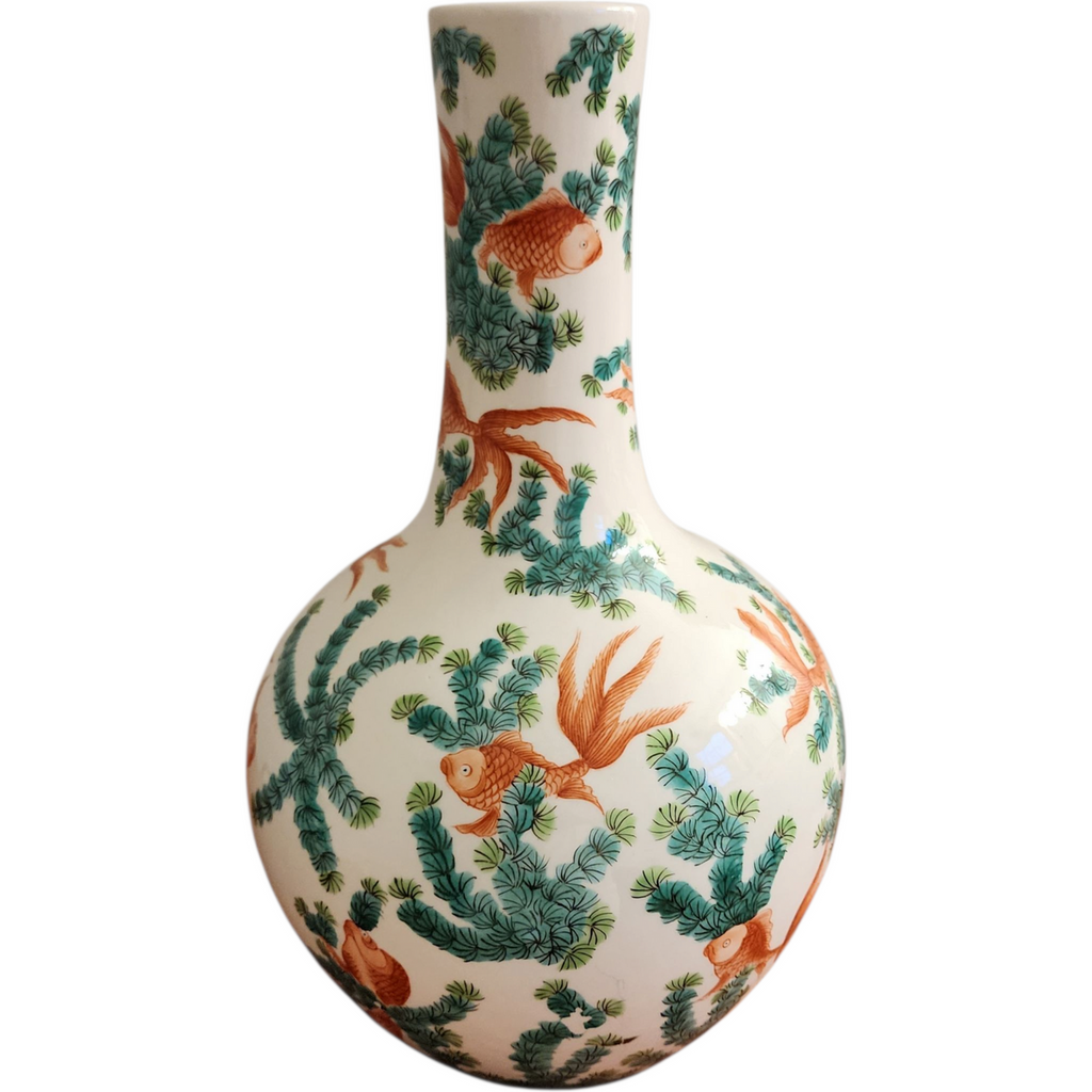 Chinese Porcelain Vase with Goldfish and Pine Motif Hand-Painted
