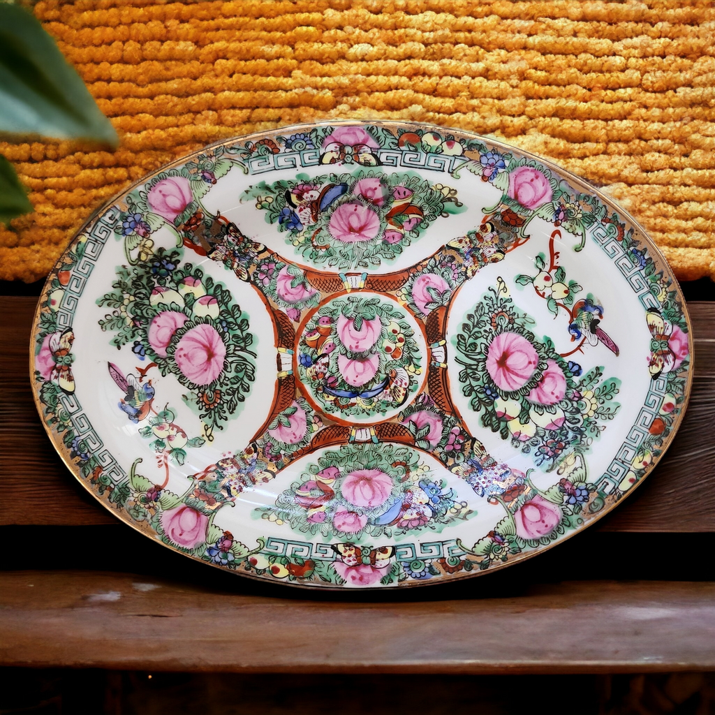 12" Chinese Rose Medallion Hand Painted Porcelain Gold Trim Oval Serving Platter