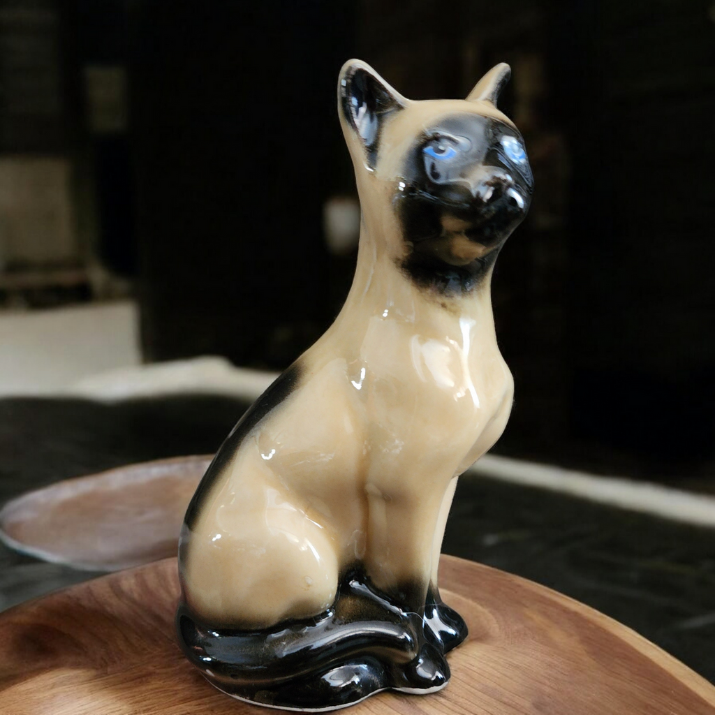Chocolate Siames Porcelain Cat Figurine Blue Eyes Brazil Collectible