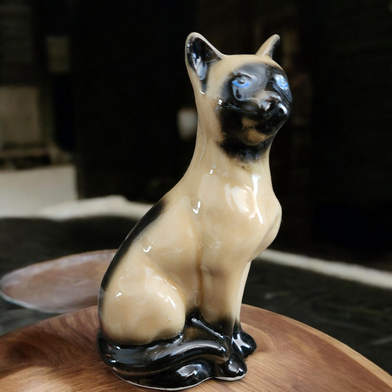 Chocolate Siames Porcelain Cat Figurine Blue Eyes Brazil Collectible