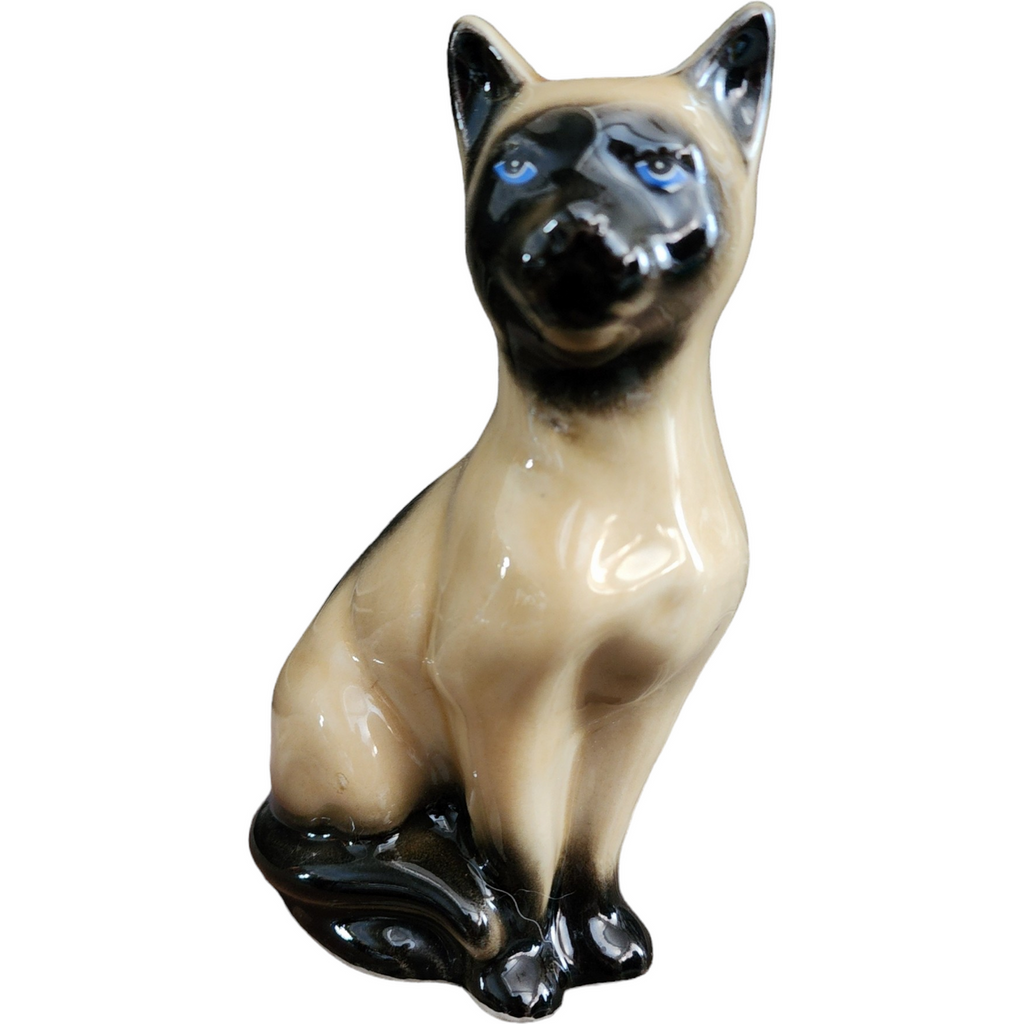 Chocolate Siames Porcelain Cat Figurine Blue Eyes Brazil Collectible