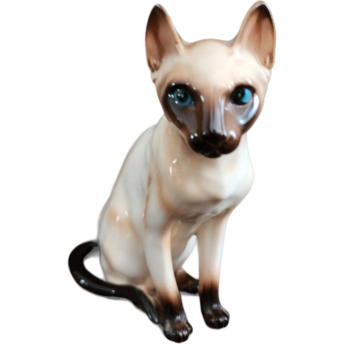 Chocolate Point Siames Porcelain Cat Figurine Blue Eyes Collectible