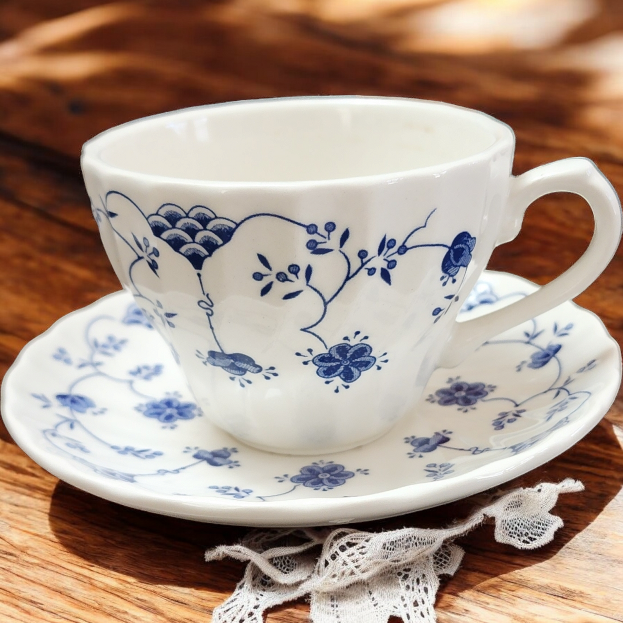 Churchill Finlandia Chelsea Blue Flowers Scalloped Flat Cup & Saucer Set