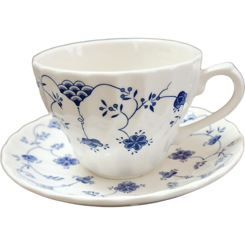 Churchill Finlandia Chelsea Blue Flowers Scalloped Flat Cup & Saucer Set