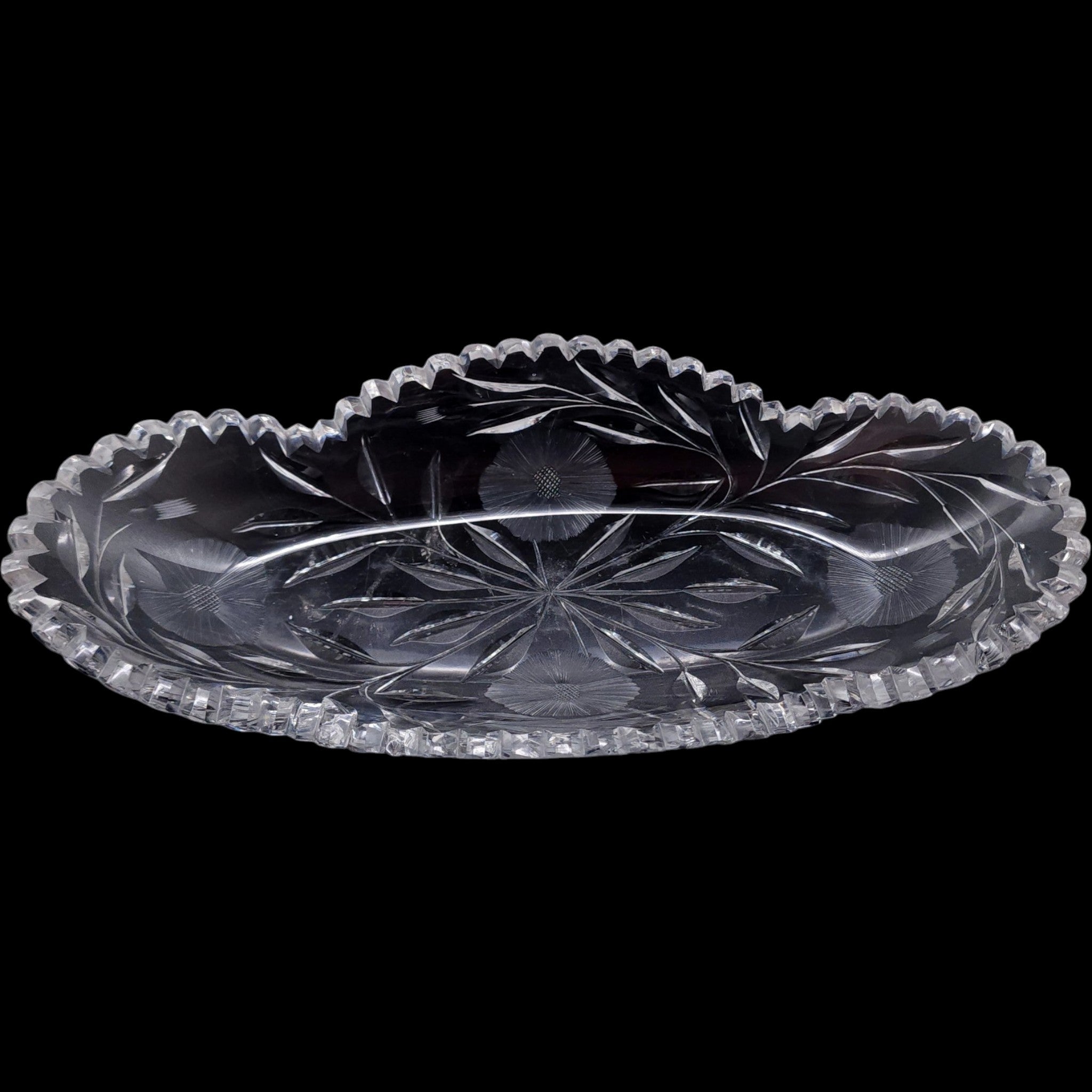 Clear Cut Glass Oval Relish Dish Etched Floral Starburst Sawtooth Tray
