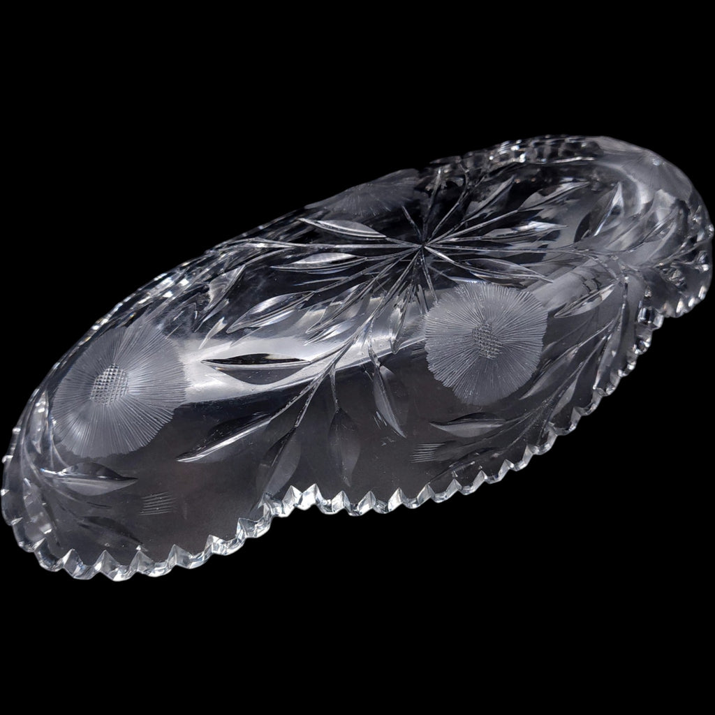Clear Cut Glass Oval Relish Dish Etched Floral Starburst Sawtooth Tray