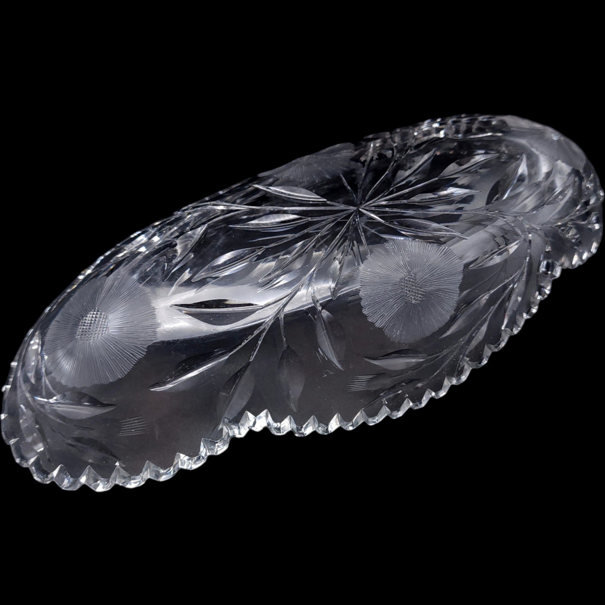 Clear Cut Glass Oval Relish Dish Etched Floral Starburst Sawtooth Tray