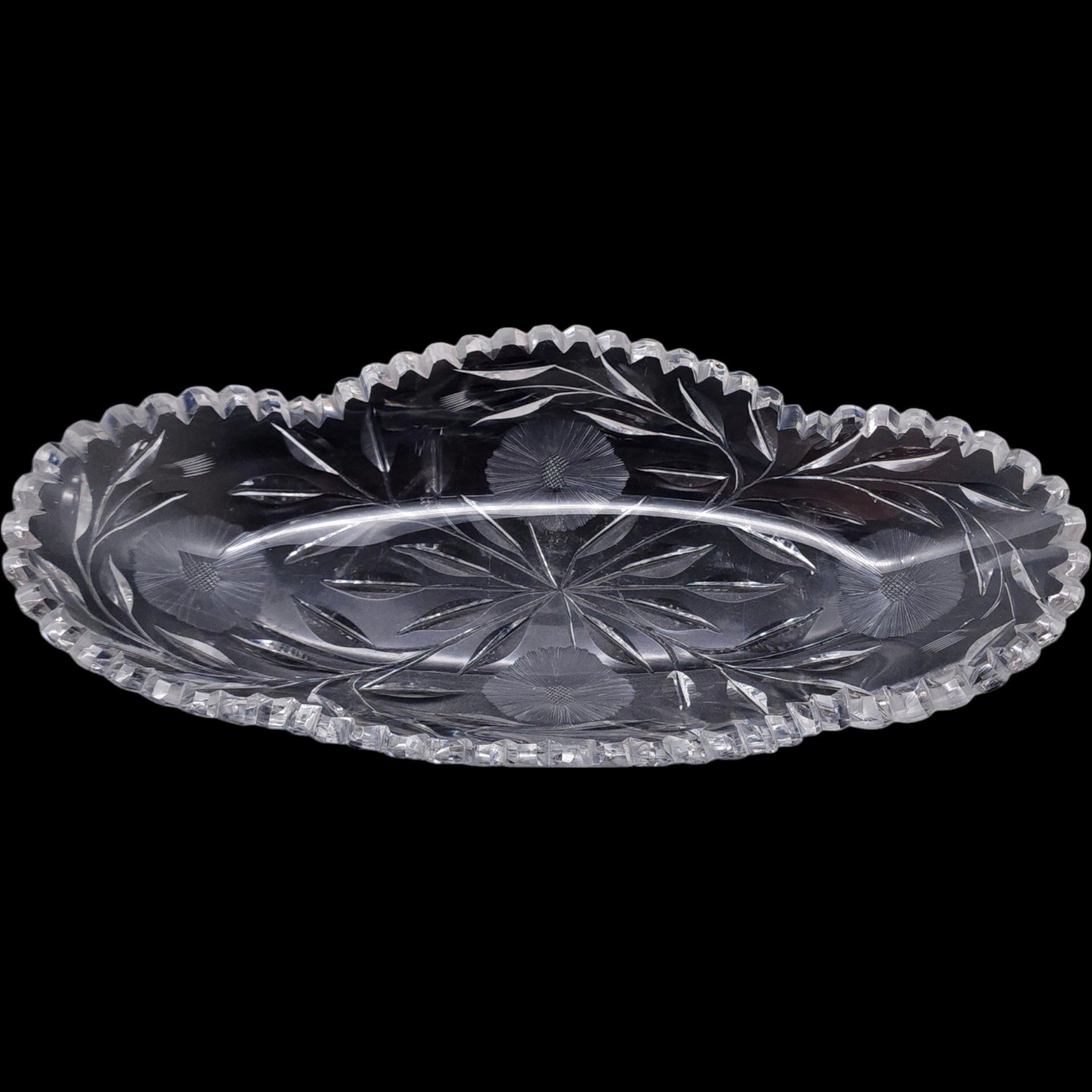 Clear Cut Glass Oval Relish Dish Etched Floral Starburst Sawtooth Tray