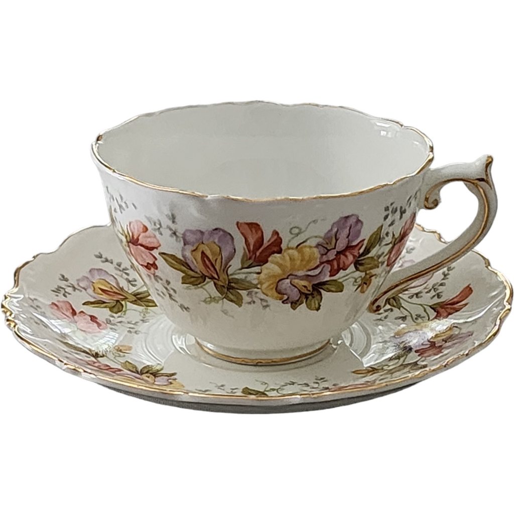 Coalport Marilyn Pink Yellow Purple Flowers Scalloped Footed Cup & Saucer Set