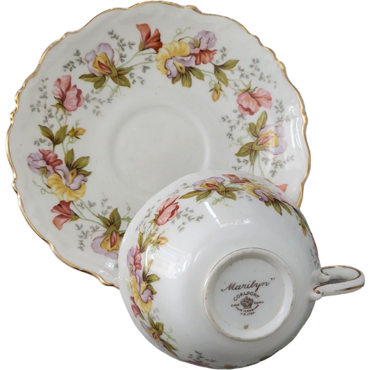 Coalport Marilyn Pink Yellow Purple Flowers Scalloped Footed Cup & Saucer Set