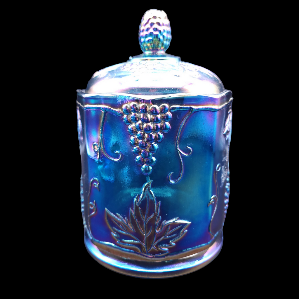 Colony Harvest Blue Carnival Grapes And Leaves Small Canister & Lid