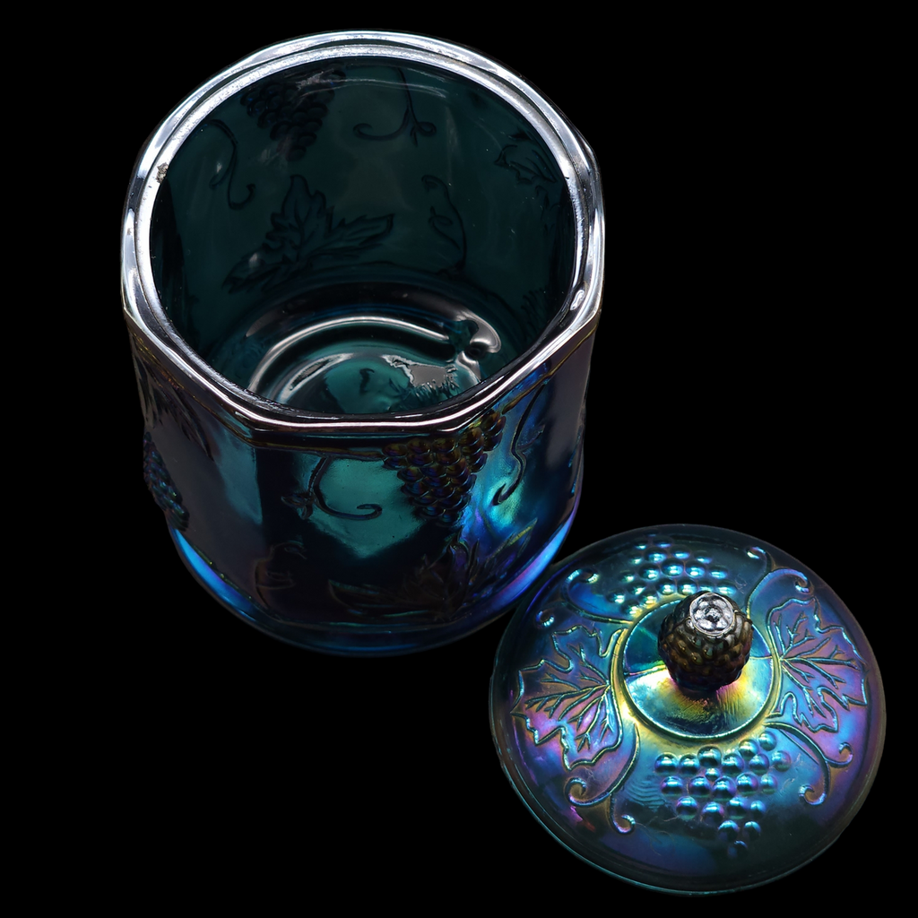 Colony Harvest Blue Carnival Grapes And Leaves Small Canister & Lid