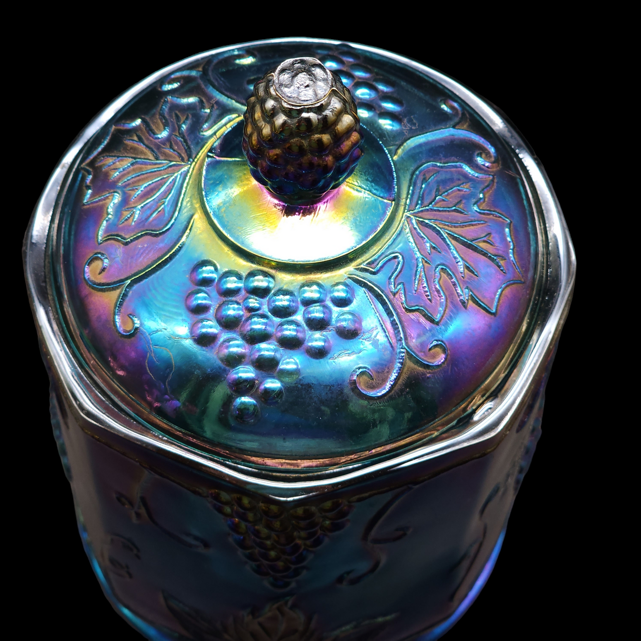Colony Harvest Blue Carnival Grapes And Leaves Small Canister & Lid