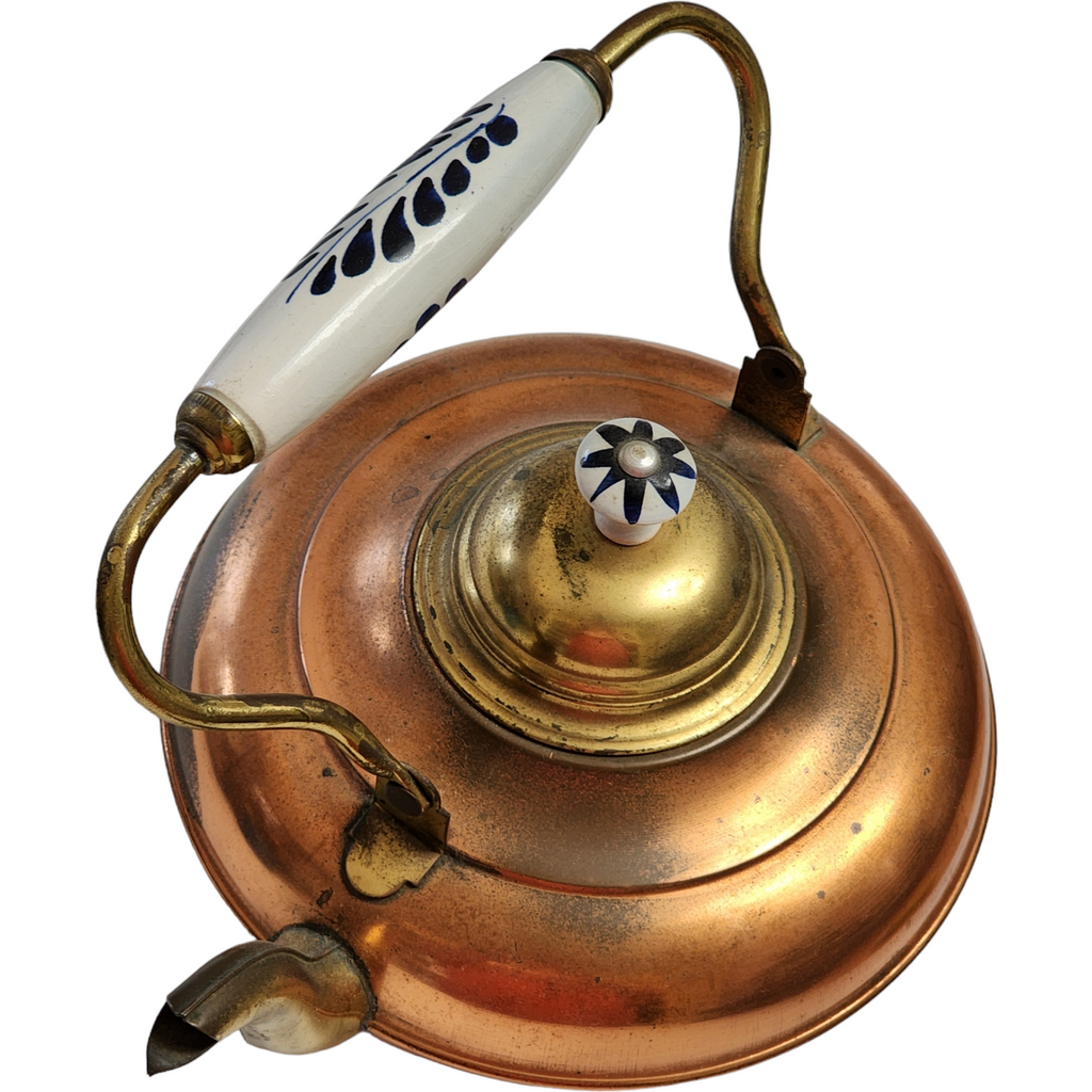 Copper Brass Tea Pot Kettle Ceramic and Copper Handle Delft Blue Holland