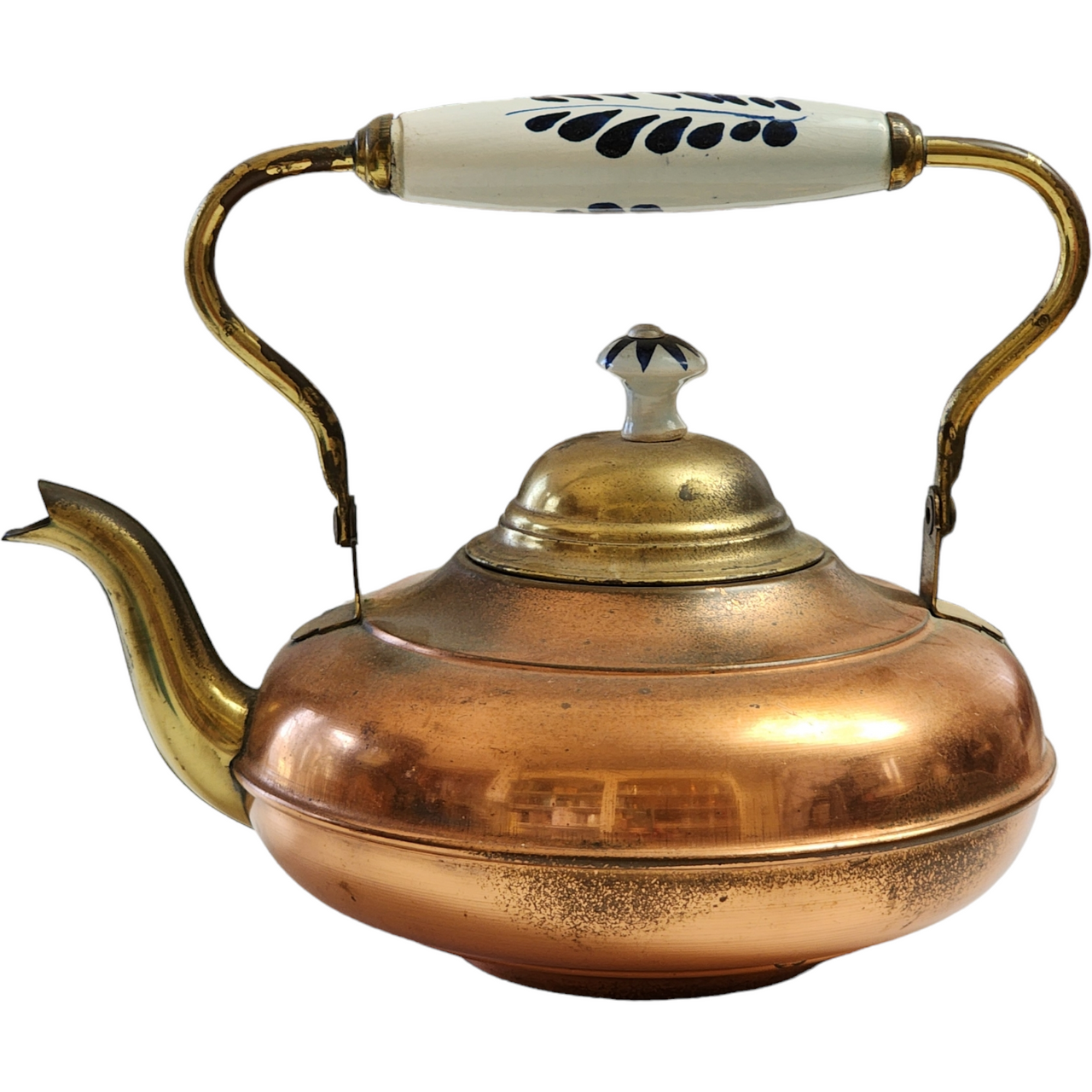 Copper Brass Tea Pot Kettle Ceramic and Copper Handle Delft Blue Holland