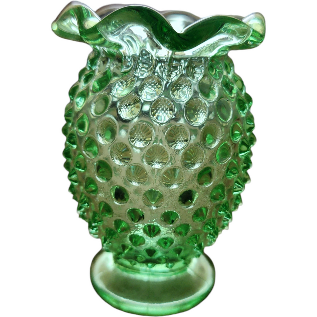 Fenton Hobnail Green 8-Point Crimped Cupped Miniature Vase