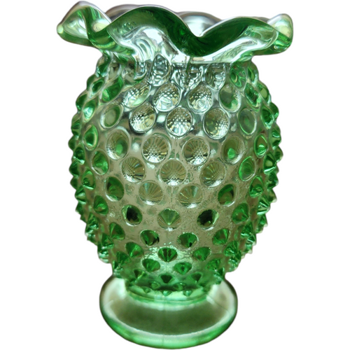 Fenton Hobnail Green 8-Point Crimped Cupped Miniature Vase
