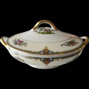 Noritake Florals Cream Band Blue & Yellow Edge Round Covered Vegetable