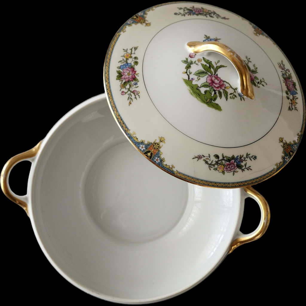 Noritake Florals Cream Band Blue & Yellow Edge Round Covered Vegetable