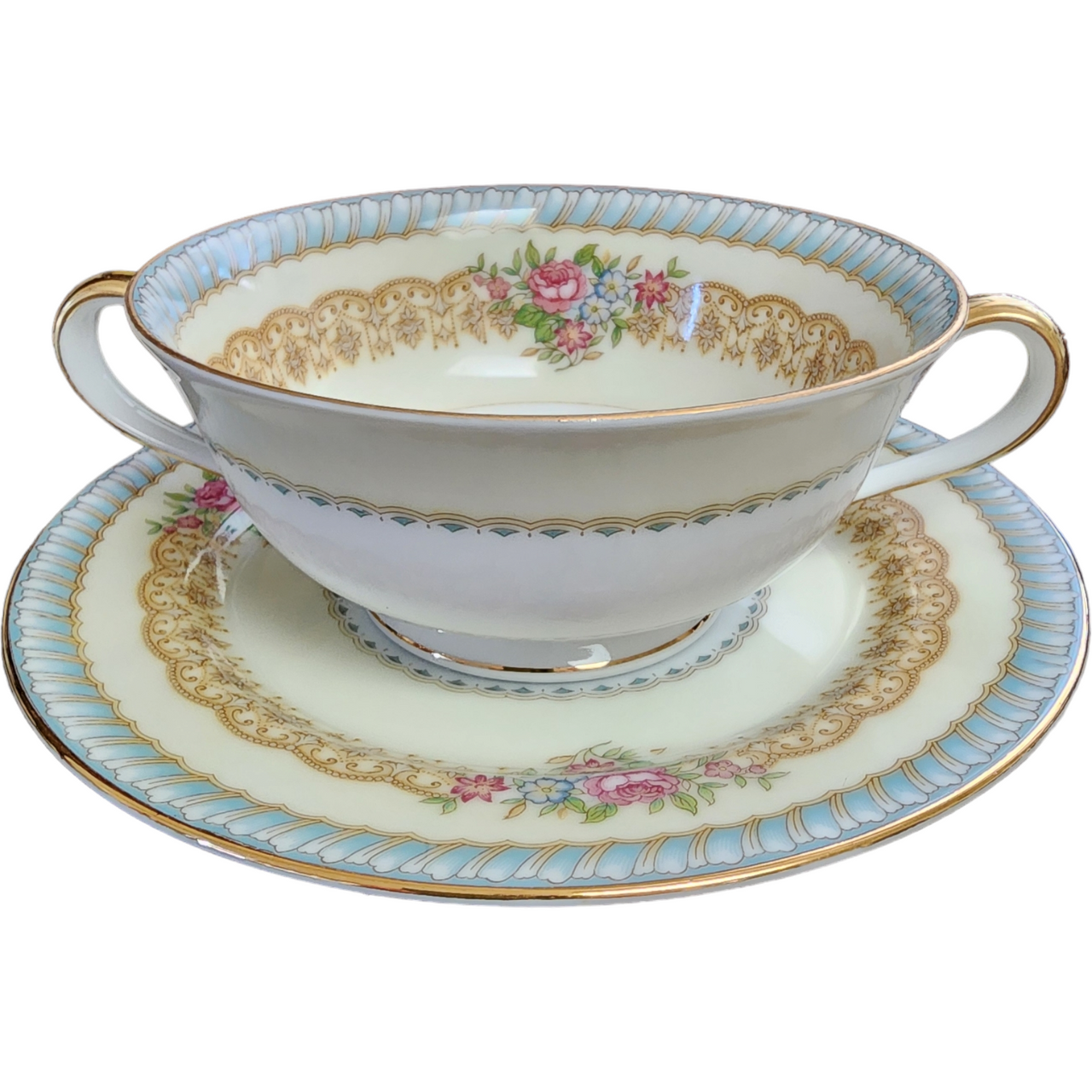Noritake Juno Blue & Tan Band Flowers Tan Scrolls Footed Cream Soup Bowl & Saucer Set Japan