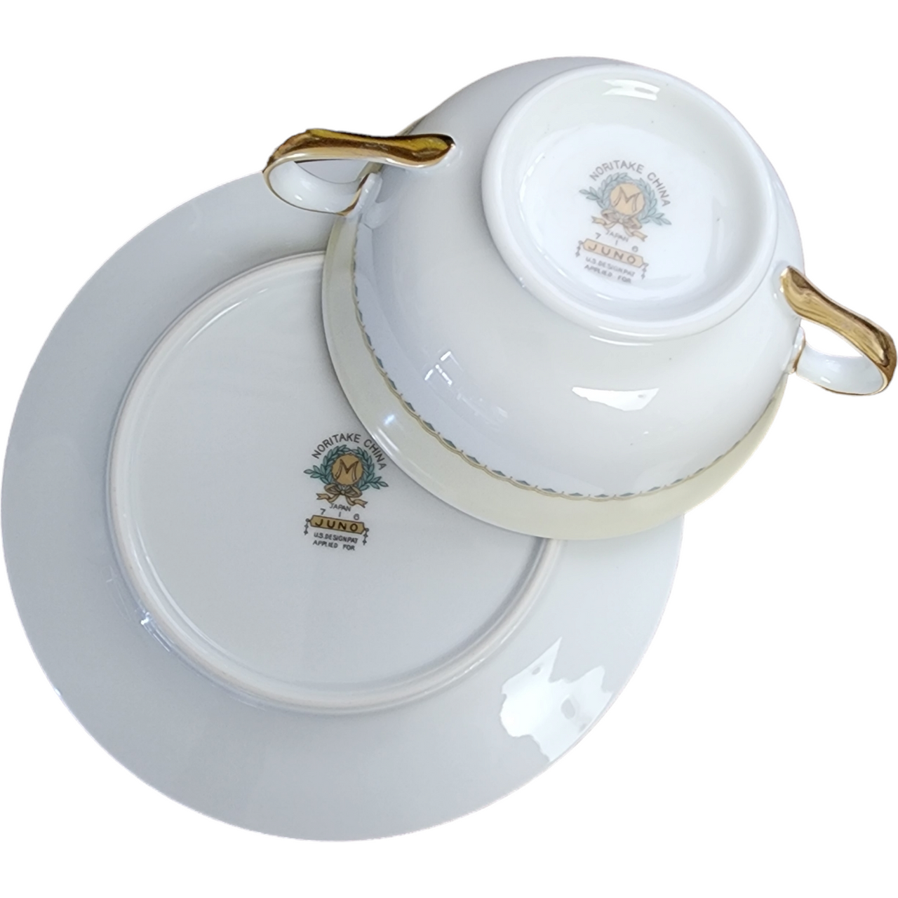 Noritake Juno Blue & Tan Band Flowers Tan Scrolls Footed Cream Soup Bowl & Saucer Set Japan