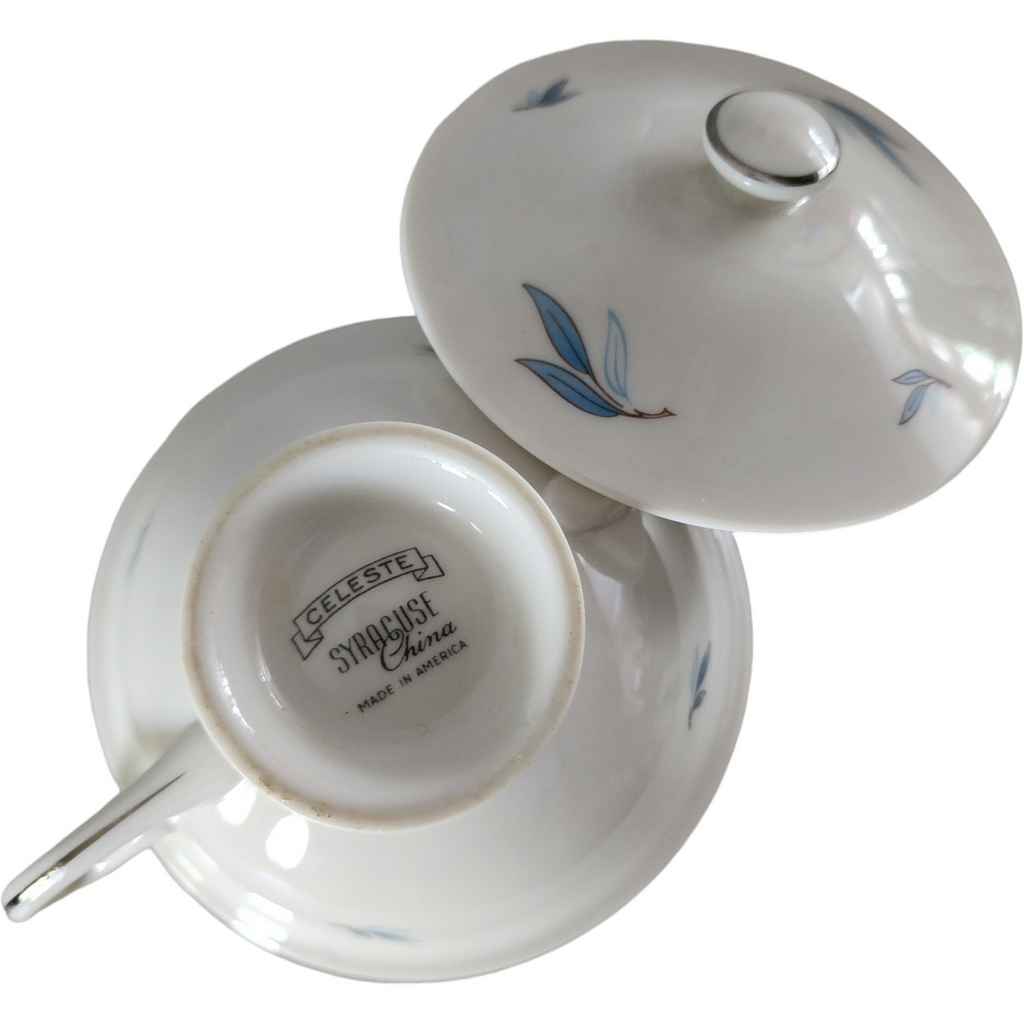 Syracuse Celeste Carolina Blue Leaves On White Rim Sugar Bowl & Lid