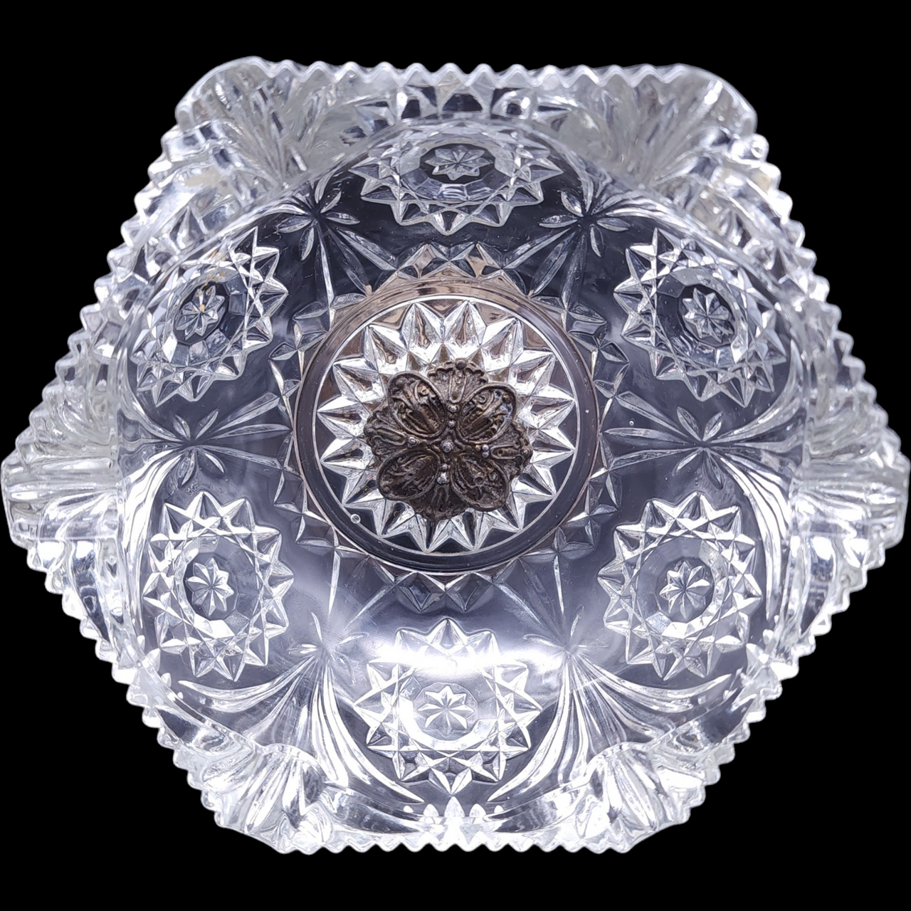 Cornell University Cut Glass Ashtray with Cherub and Koi Fish Metal Base
