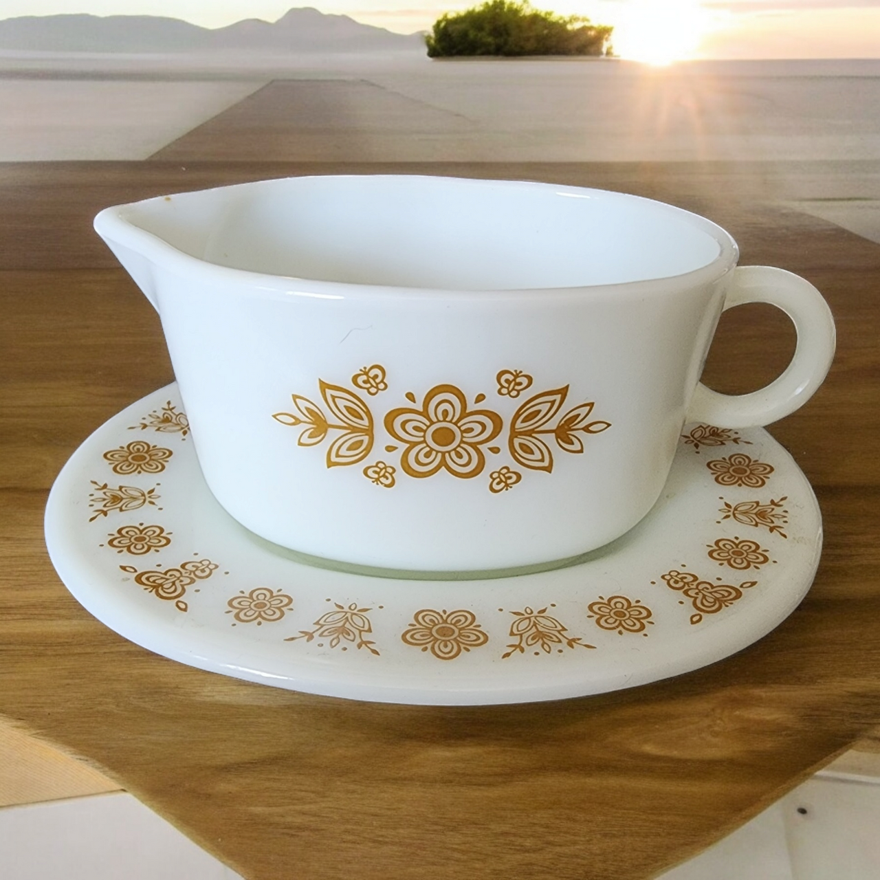 Corning Corelle Butterfly Gold Gravy Boat & Underplate