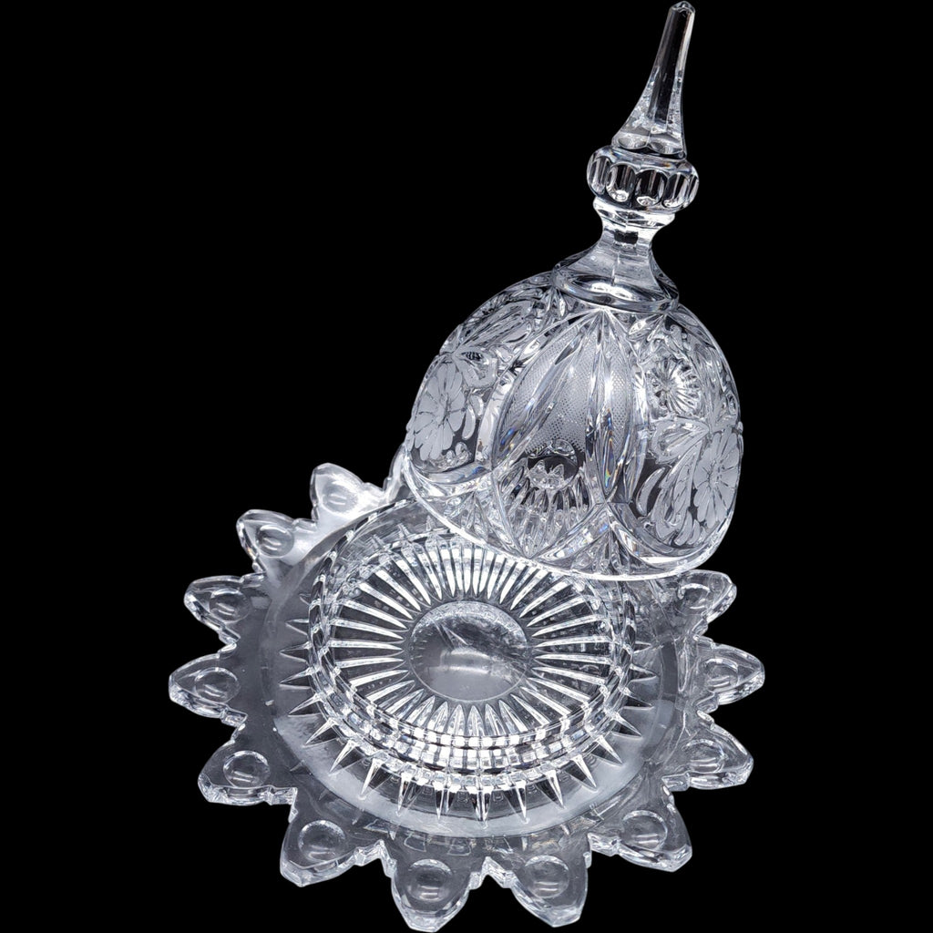 Covered Cut Crystal Round Butter Dish Dome with Finial Lid