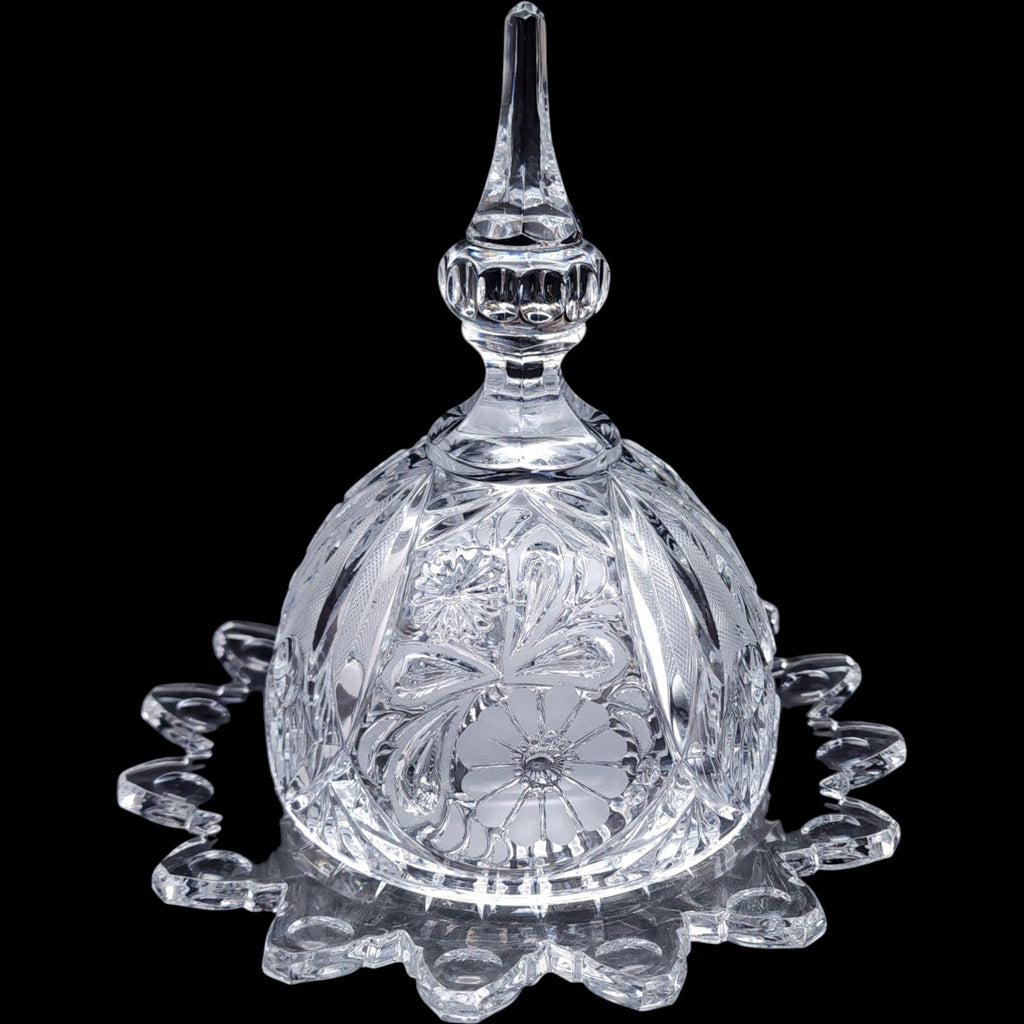 Covered Cut Crystal Round Butter Dish Dome with Finial Lid