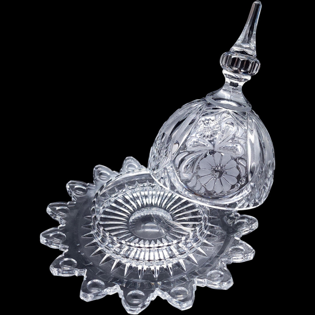 Covered Cut Crystal Round Butter Dish Dome with Finial Lid