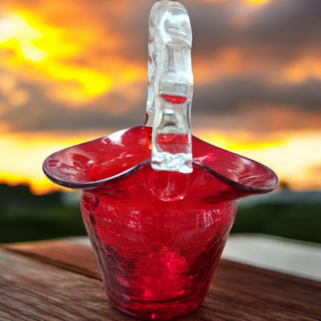 5" Ruby Red Art Crackled Glass Handbag Basket Vase
