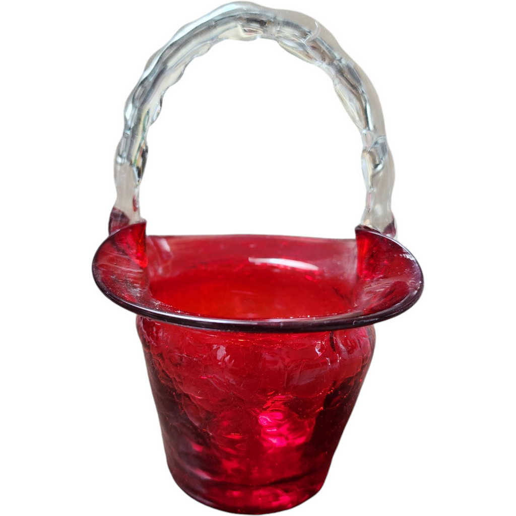 5" Ruby Red Art Crackled Glass Handbag Basket Vase