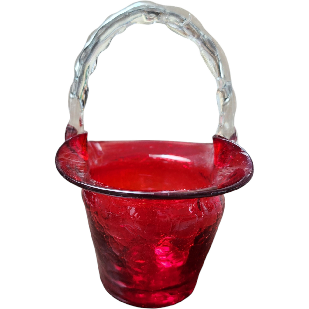 5" Ruby Red Art Crackled Glass Handbag Basket Vase