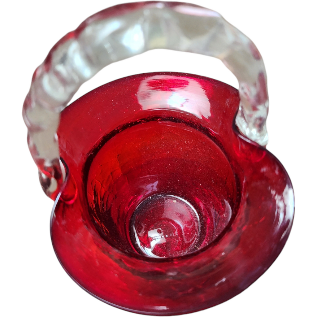 5" Ruby Red Art Crackled Glass Handbag Basket Vase