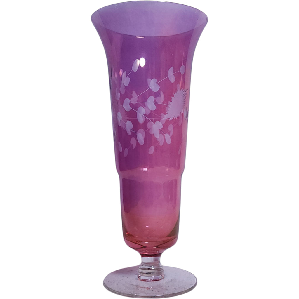 Cranberry Pink Glass Footed Bud Vase with Etched Floral Design
