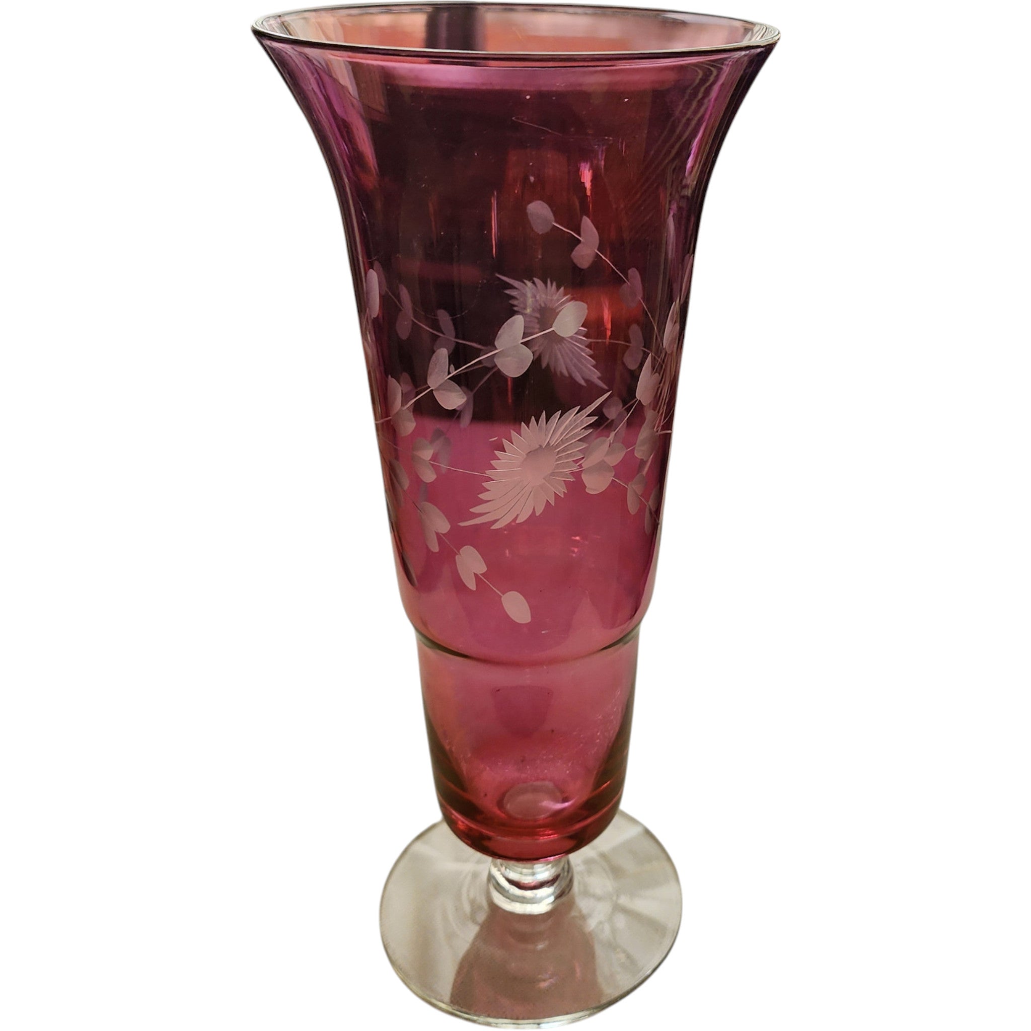 Cranberry Pink Glass Footed Bud Vase with Etched Floral Design
