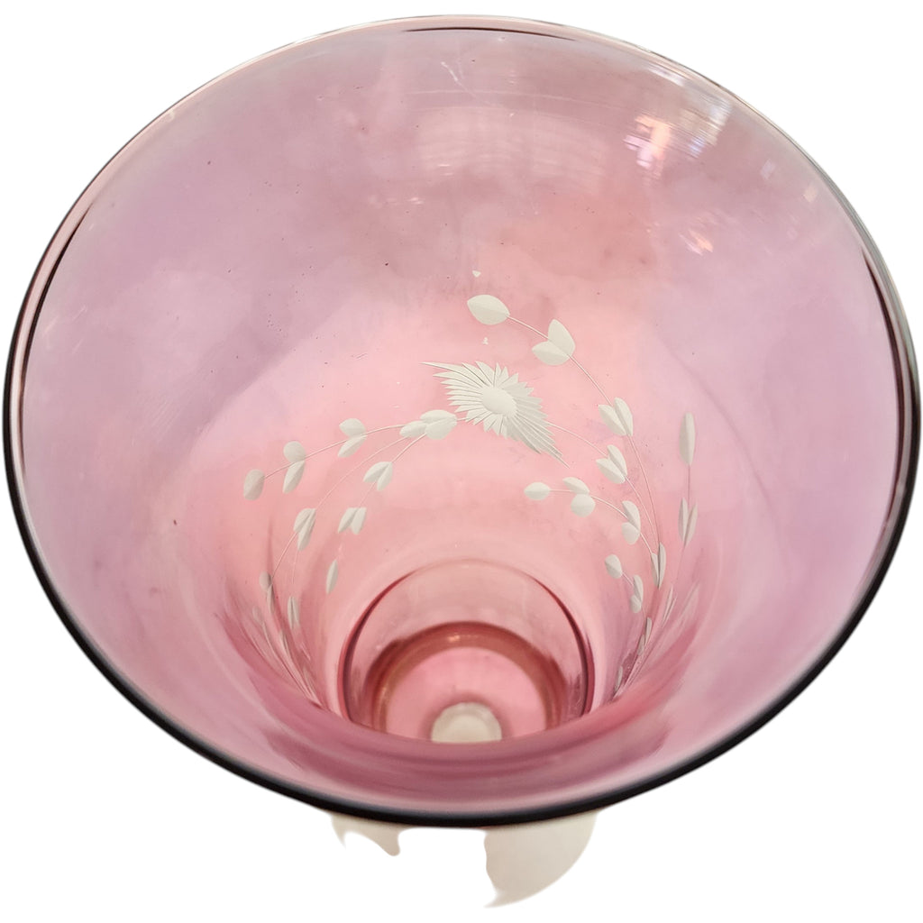 Cranberry Pink Glass Footed Bud Vase with Etched Floral Design